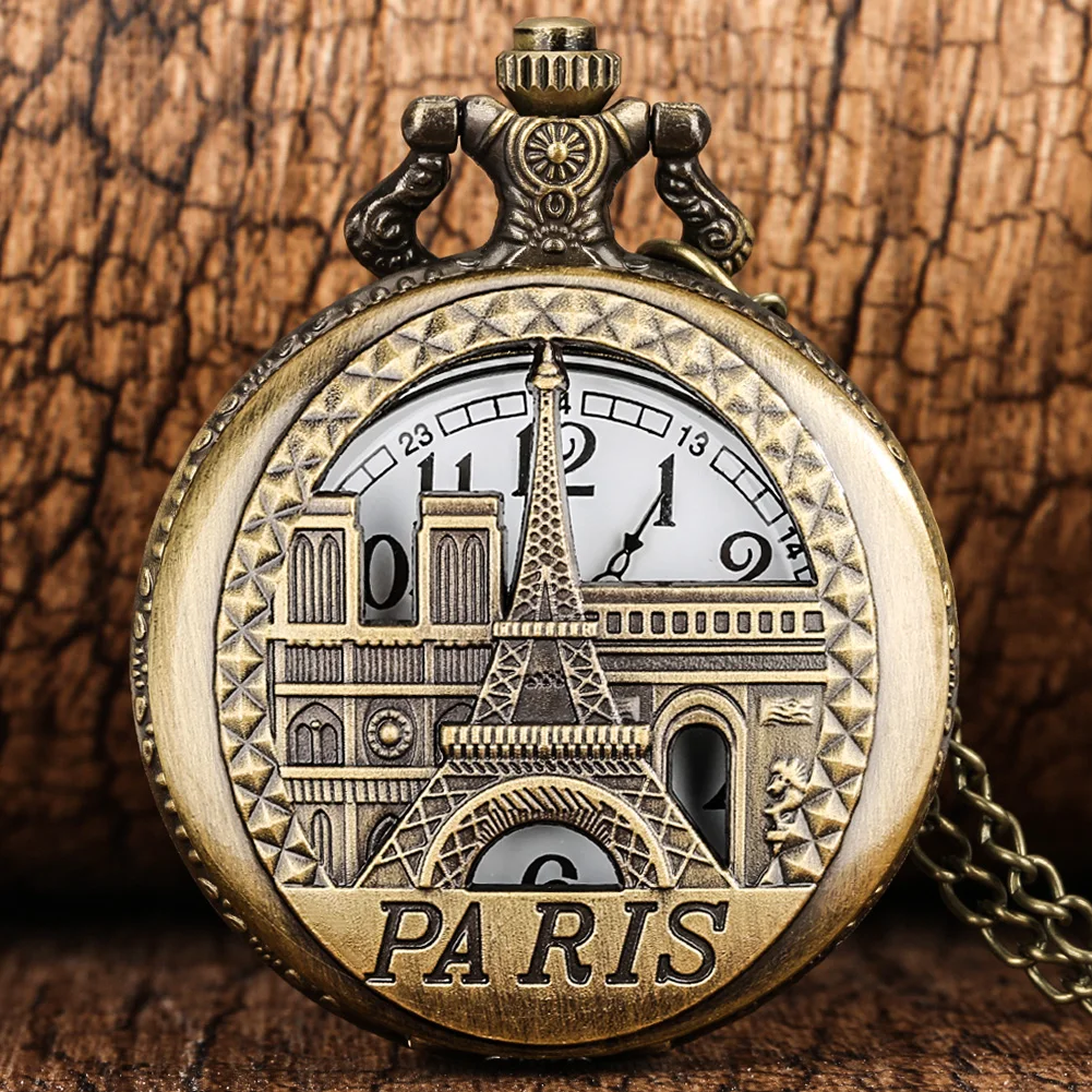 Antique Hollow Louvre Eiffel Tower Quartz Pocket Watch Retro