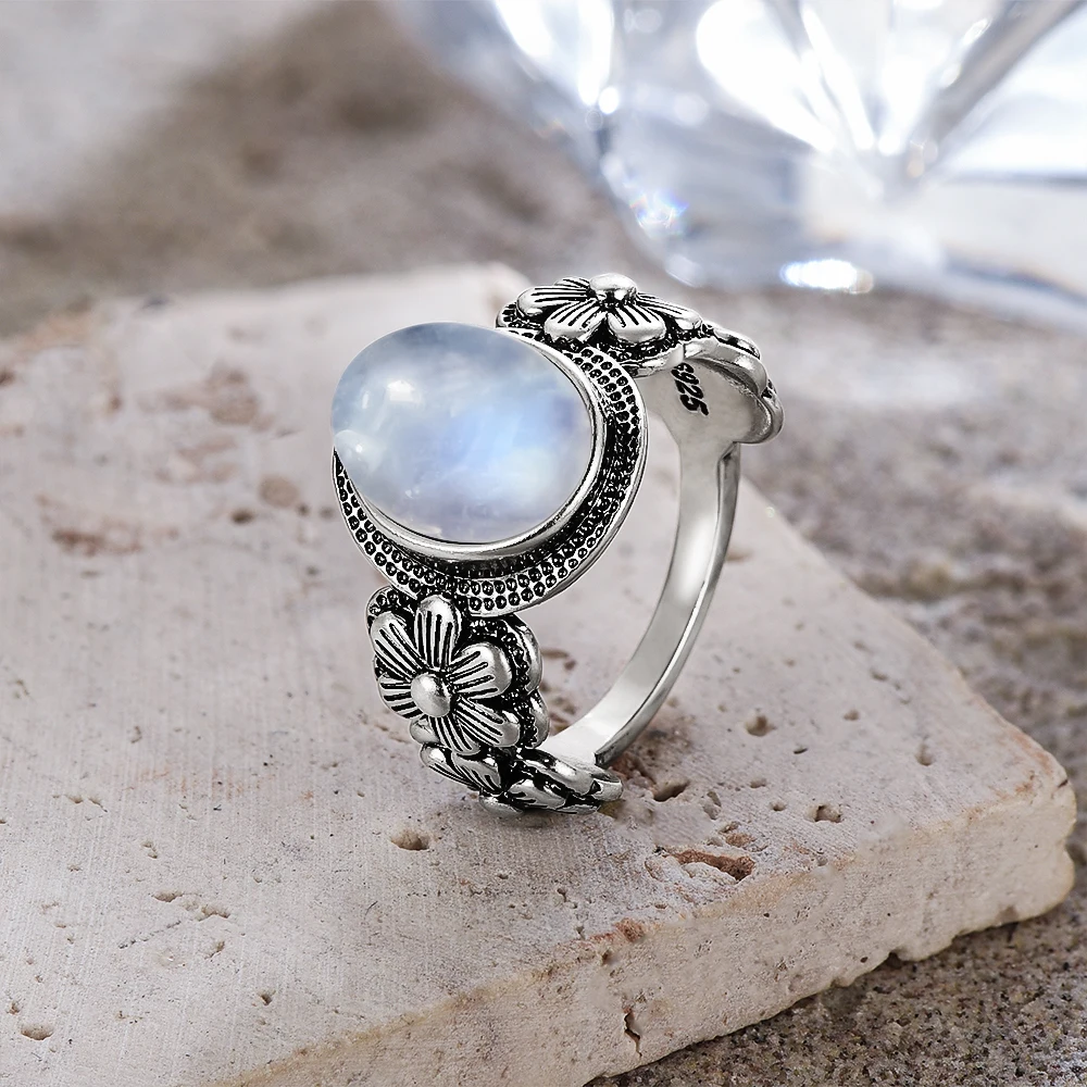 Vintage 925 Sterling Silver Moonstone Ring with 8*10MM Natural Stone Small Flower Shape Retro Rings Fine Jewelry For Women 1