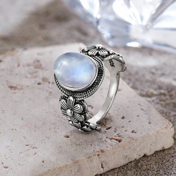 Vintage 925 Sterling Silver Moonstone Ring with 8*10MM Natural Stone Small Flower Shape Retro Rings Fine Jewelry For Women 1