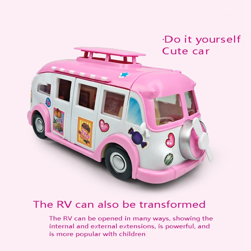 새로운 캠핑카 자동차 어린이 피크닉 아이스크림 RV 세트 DIY 하우스 컨버터블 피크닉 자동차 어린이 장난감 의자 스티커 정장 장난감 (핑크)