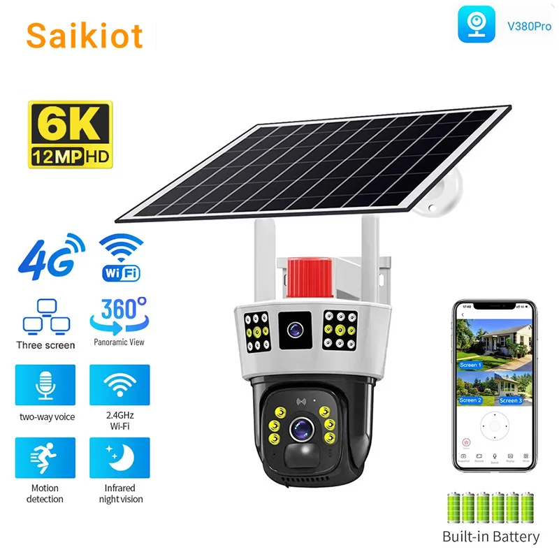 Saikiot 3 Screens Dual Lens V380 Pro 12MP 6K PTZ 4G Solar Powered CCTV Security Camera 360 Outdoor Waterproof Solar Camera WIFI