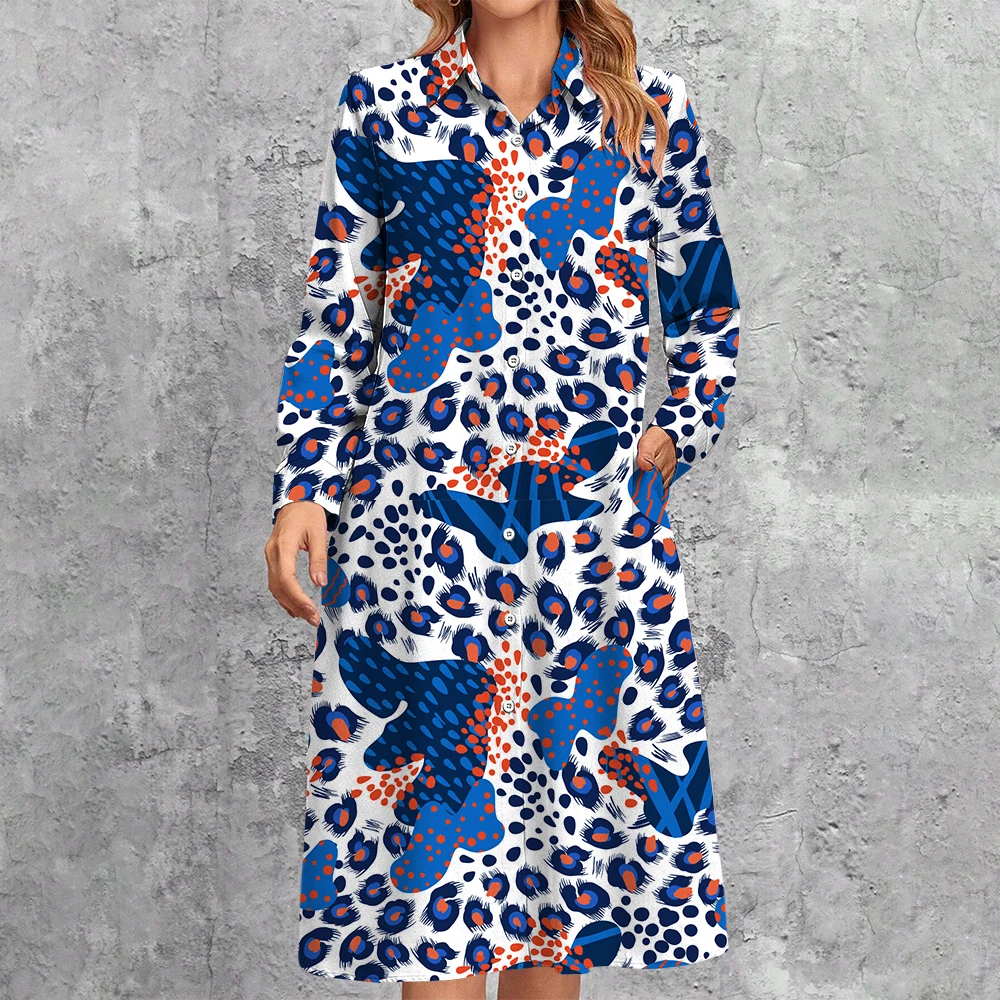 

Женское платье-кардиган на пуговицах, элегантное платье миди с отложным воротником и леопардовым принтом, повседневное свободное платье с длинным рукавом, 2024