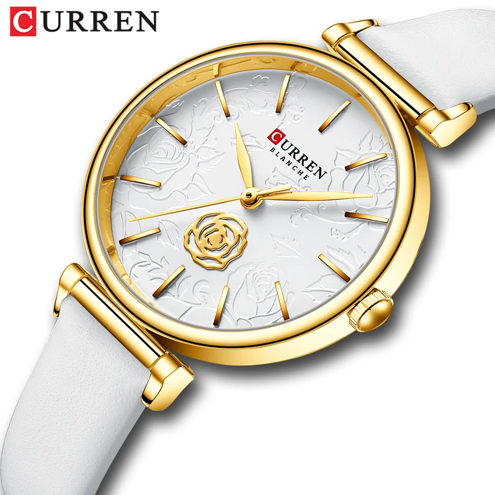 33mm – Goldene Damenuhr mit Rose und Lederarmband | Damen-Armbanduhr