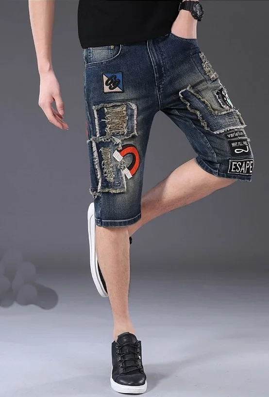 Summer Street Style Embroidered Denim Shorts For Men Patch Holes Knee length Jeans Patchwork Shorts