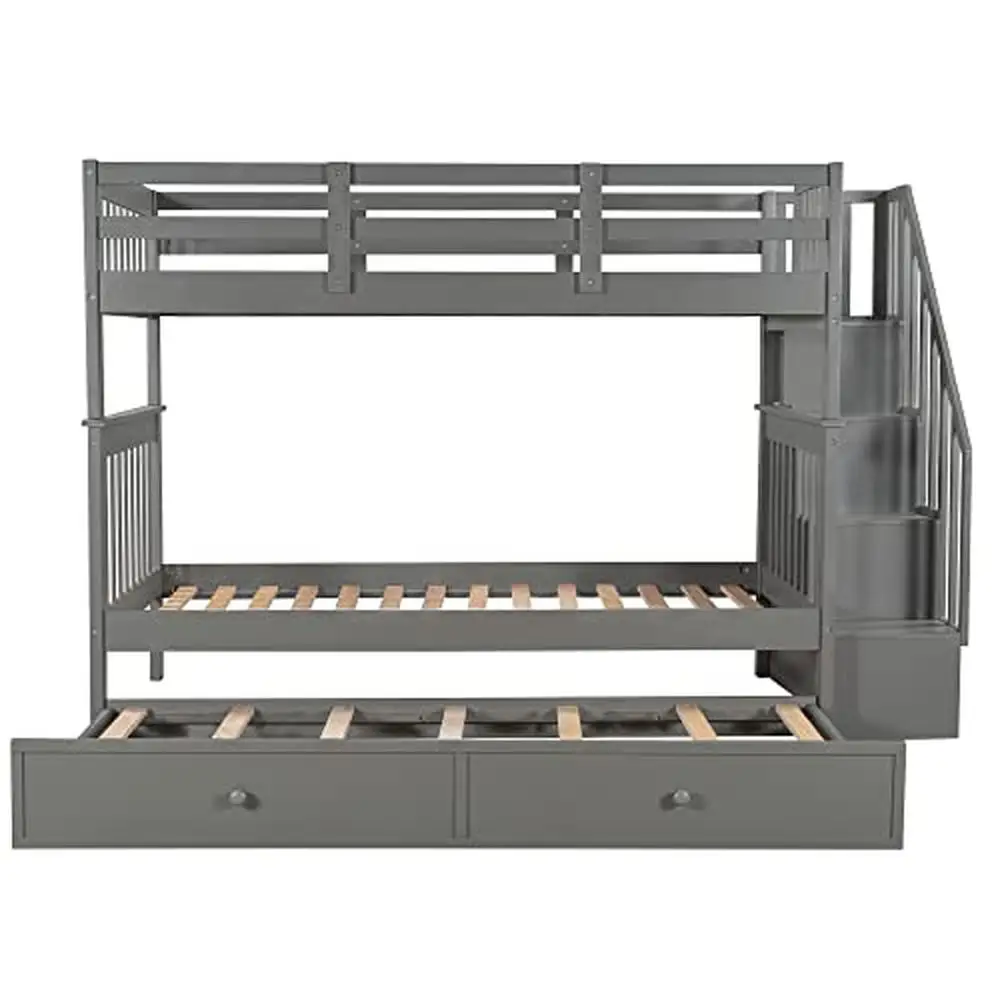 Twin Bunk Bed with Trundle Stairs Open Shelves Kids Teens Bedroom Grey Espresso Modern Sturdy Wood Kids Furniture Guest Room 4