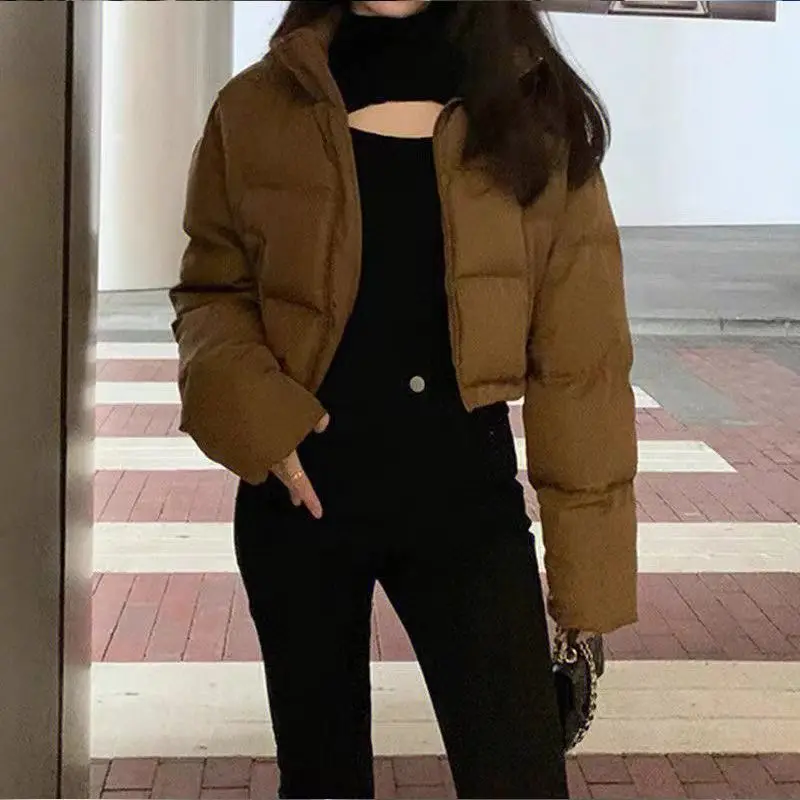 Cropped Parkas Women Winter Thicken Baggy Stand Collar Pure Minimalist Clothes Korean Fashion Students Warm Cozy Zip-Up Vintage
