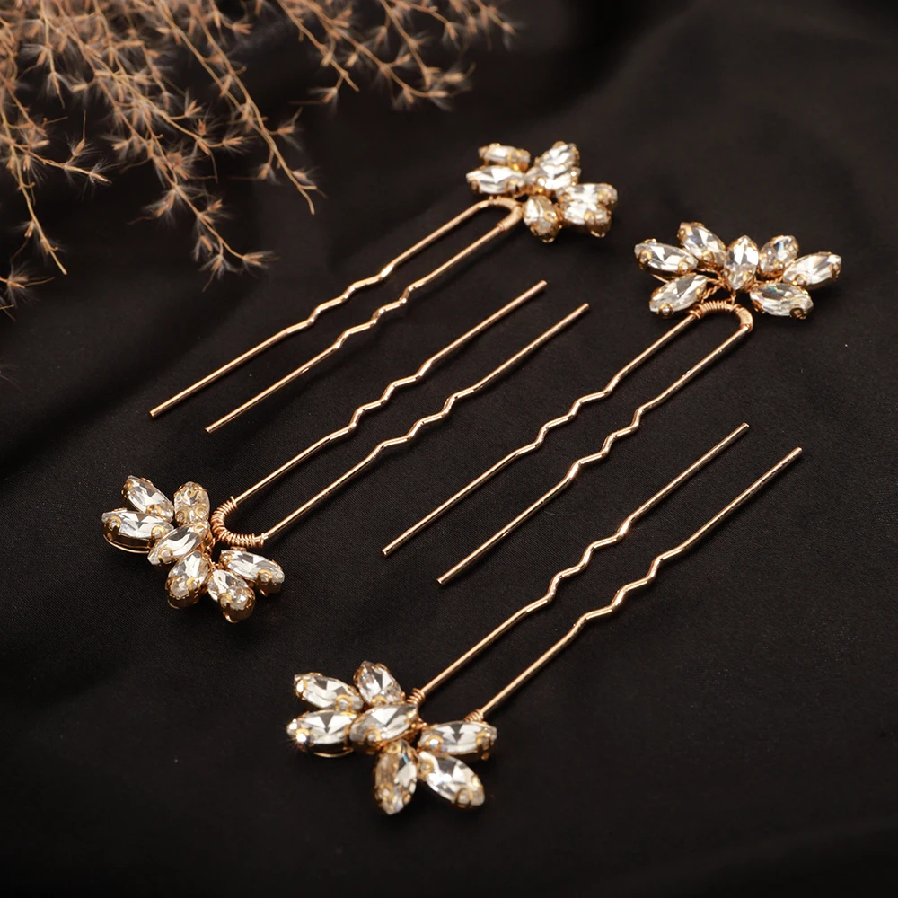 Trendy Bridal Pin Pink Silver Simple 4PCS Bridal Hairpins Rhinestones Wedding Hair Pins Wendding Ladies Hair Accessories Jewelry