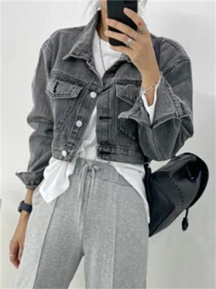 Женская джинсовая куртка с отложным воротником, длинным рукавом