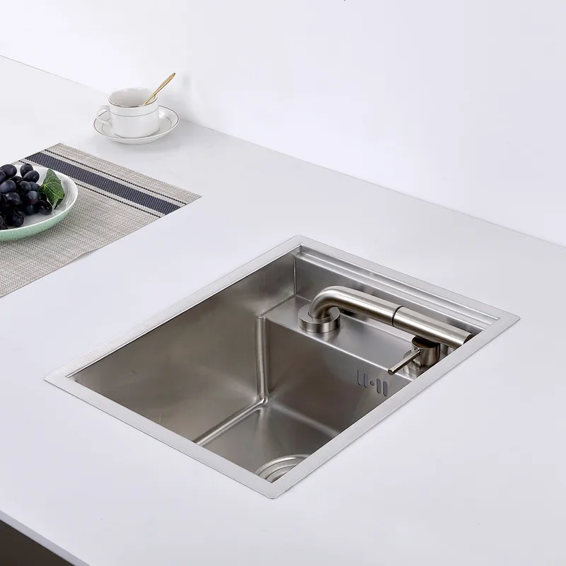 Brushed Kitchen Sink Hidden Single Bowl Small Size Stainless Steel Sink Concealed Lifting Tap Kitchen