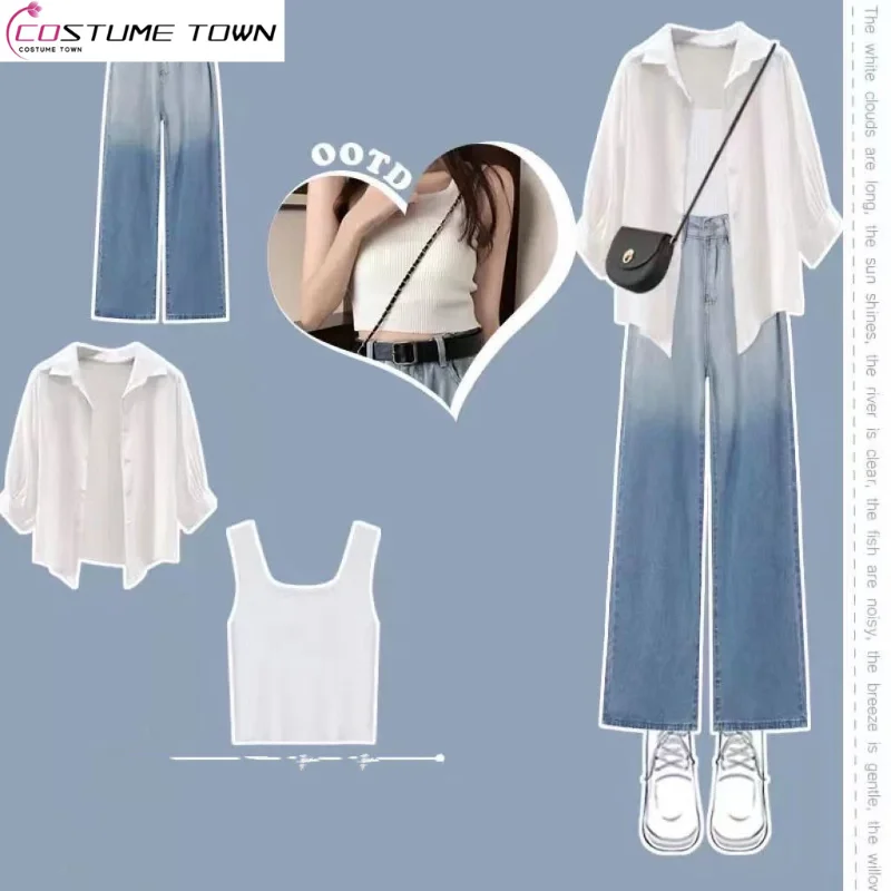 Fashion Three Piece Set for Women's 2023 Summer New Women's Sunscreen Coat+Tank Top+Vintage Hong Kong Style Jeans Fashion