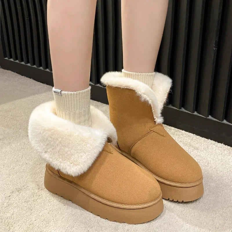 

Shoes for Women 2023 New Slip on Ankle Women's Boots Keep Warm Snow Boots Women Round Toe Flat with Platform Flock Ladies Shoes