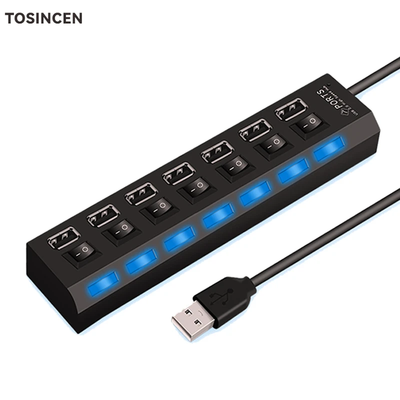 

TOSINCEN High Speed 4/7 Ports USB HUB 2.0 Adapter Expander USB Splitter Multiple Extender with LED Lamp Switch for PC Laptop