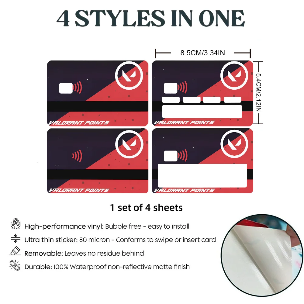 Valorant Points Stickers 4pcs PVC Card Skin Stickers for Bank Card Bus Metro Case Decorate Gift