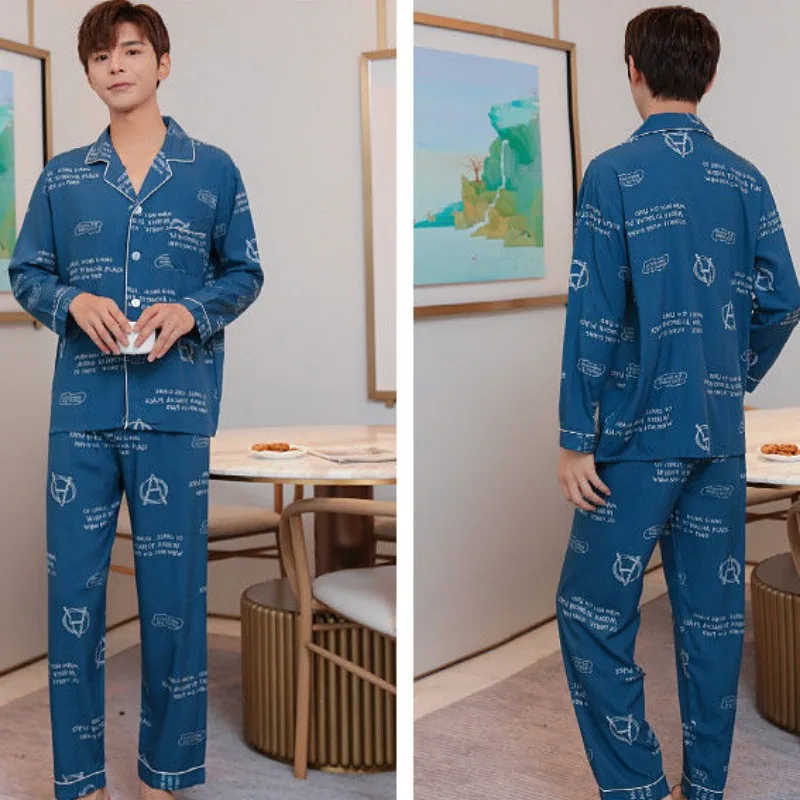 Spring Cotton Silk Pajamas Men Loose Pyjamas Large Size Cartoon Nightdress Casual Thin Sleepwear Simple Long Sleeved Home Wear