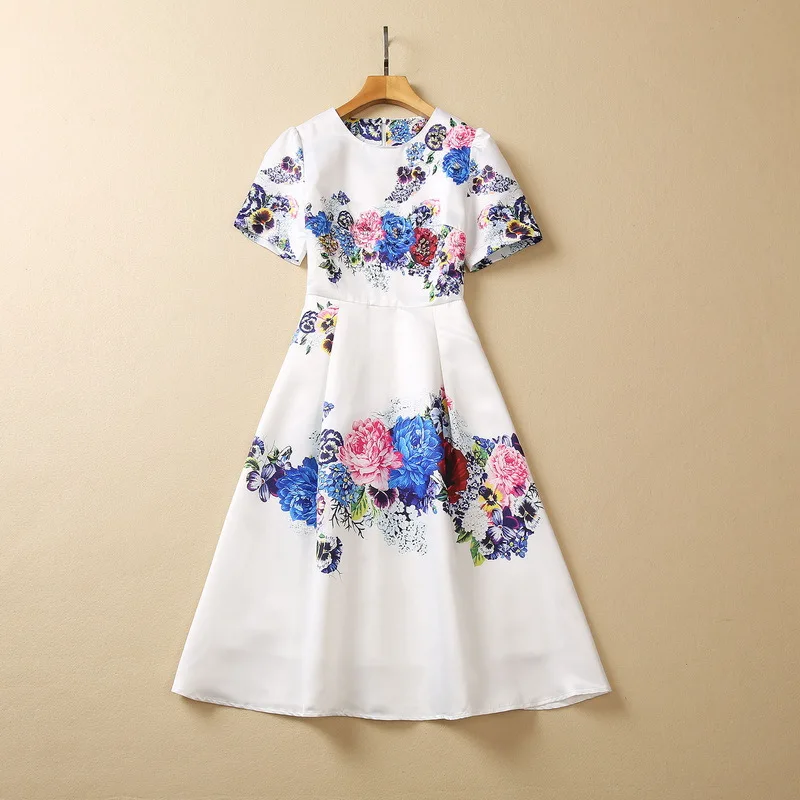 

European and American women's clothes 2023 spring new Short sleeve studded bead peony flower print Fashionable dress