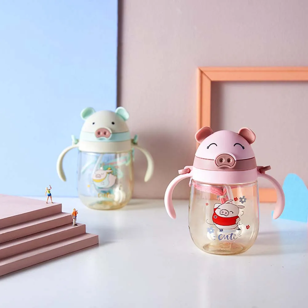 

New Baby Strap With Straw Cartoon Dual-handle Graduated Sippy Cup Baby Learning Cups Handle Water Bottle Children Training Cup
