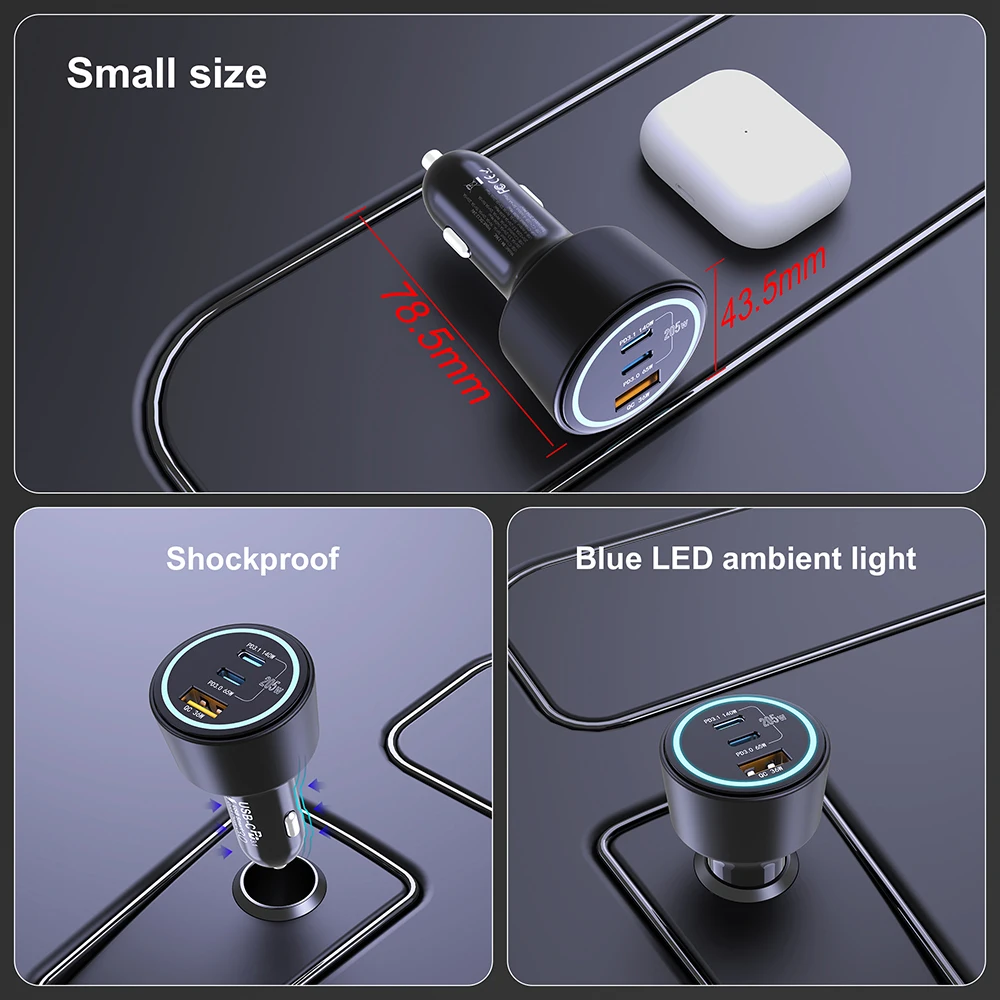 205W Car Charger Car Phone Charger Phone Charger Quick Charge 4.0 PPS 45W PD3.1 140W Fast Charging USB C For MacBook iPhone 16 Samsung