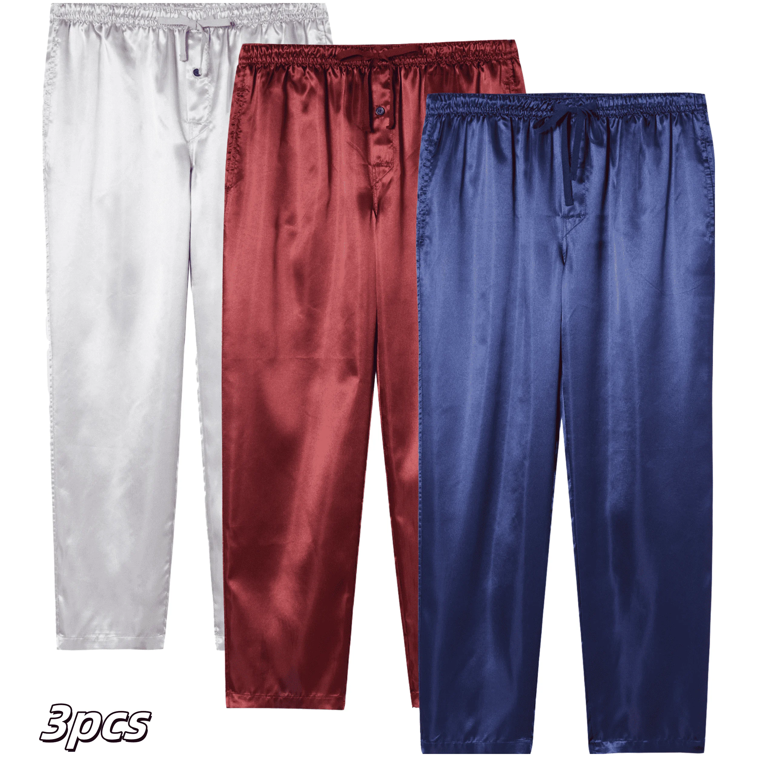 Pantalon de pyjama en Satin pour hommes, 3 pièces, confortable, avec ceinture élastique et poches, couleur unie, vêtements de nuit décontractés, automne