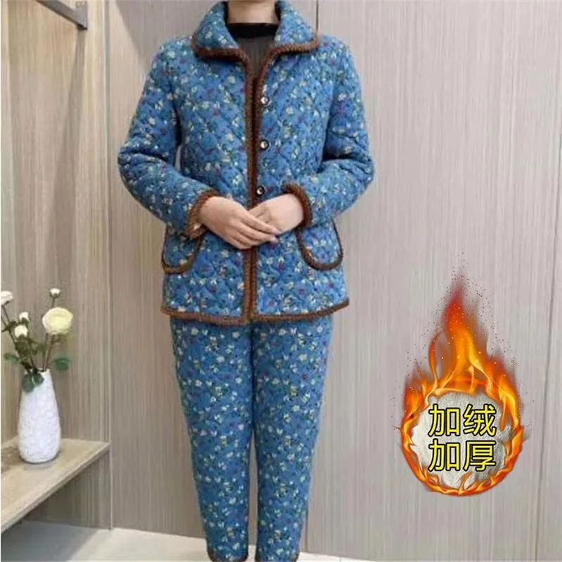 Mother's Winter Plush Cotton Padded Jacket Cotton Trousers Suit For Middle-Aged And Elderly Women Loose Add Cotton Padded Jacket