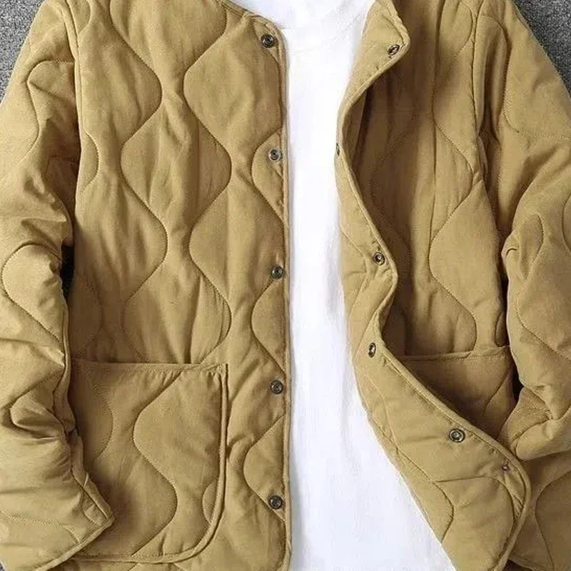 2023 Autumn Winter O-neck Quilted Jacket Men's Versatile  Green  Retro Thickened Coat Men Techwear Button Up Oversize Jacket 6
