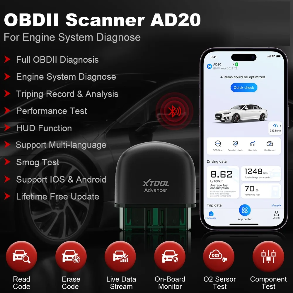 XTOOL AD20 Bluetooth OBD2 Scanner For Engine System Diagnostic Code Reader HUD Display Perfromance Test Lifetime Free Update 2