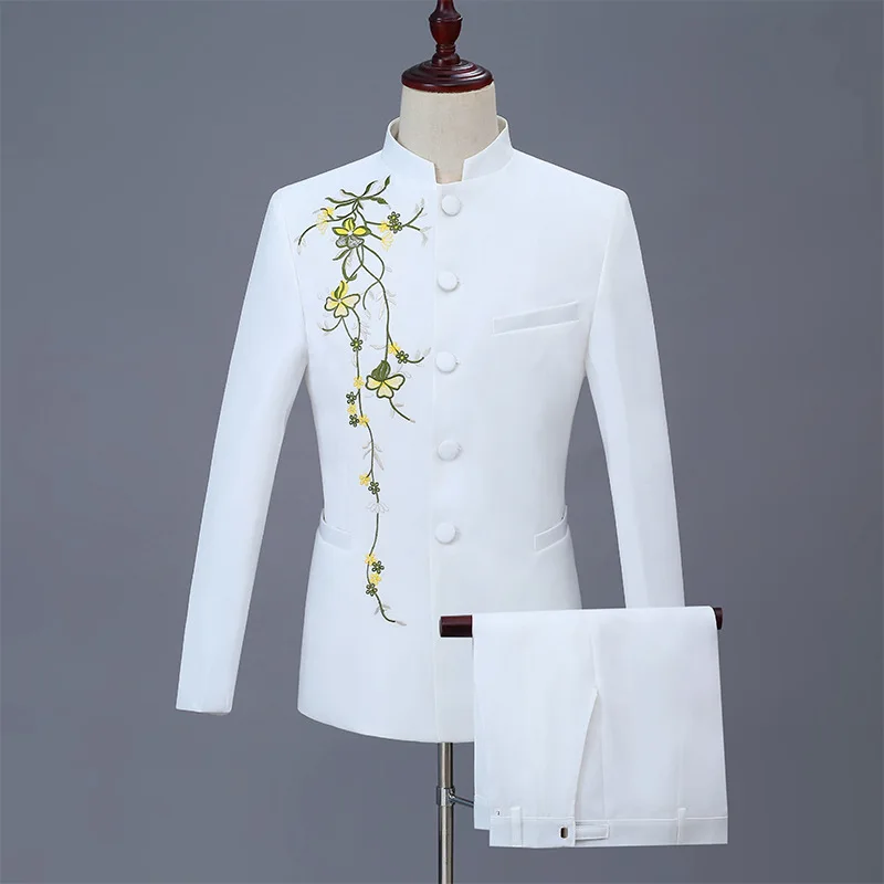 new white Embroidered floral Stand-up Collar Chinese Tunic Round Neck 2pcs blazer pants Men's Tang Suits