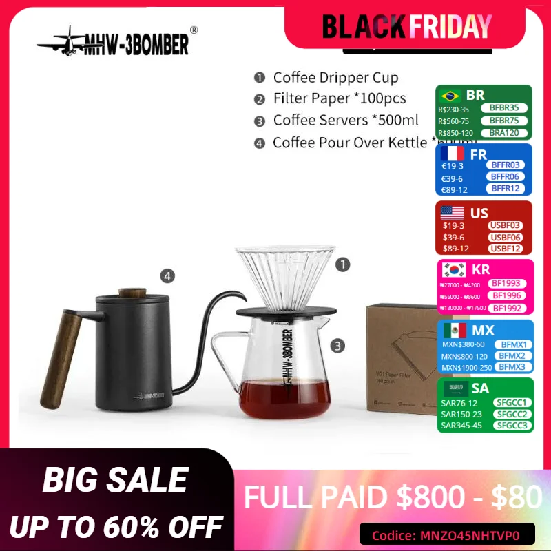 MHW-3BOMBER Drip Coffee Set 600ml Pour Over Kettle Gooseneck Spout Tea Pot Glass Filter Cup & Paper Coffee Servers Accessories