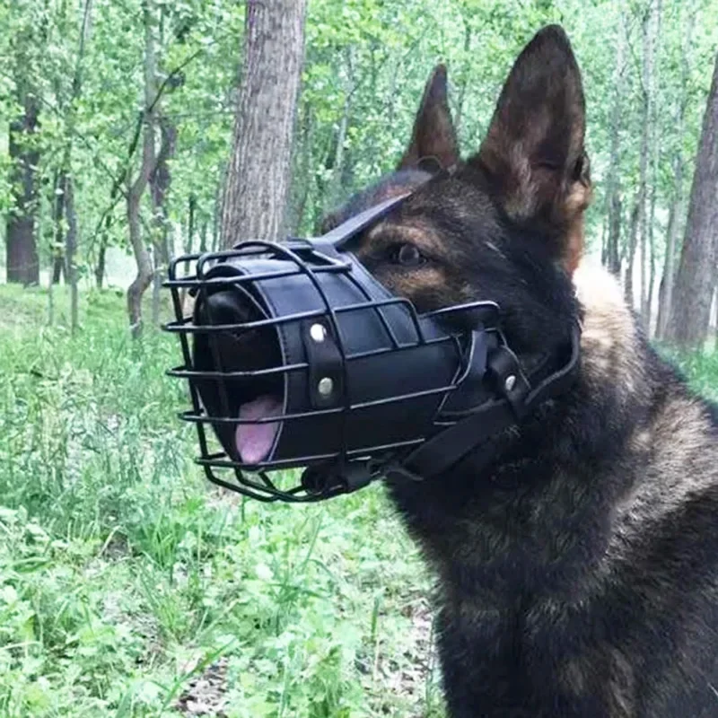 Anti-Bite Dog Mouth Cage Adjustable Metal Leather Mask German Shepherd Doberman Rottweiler Dog Training Muzzle Accessories