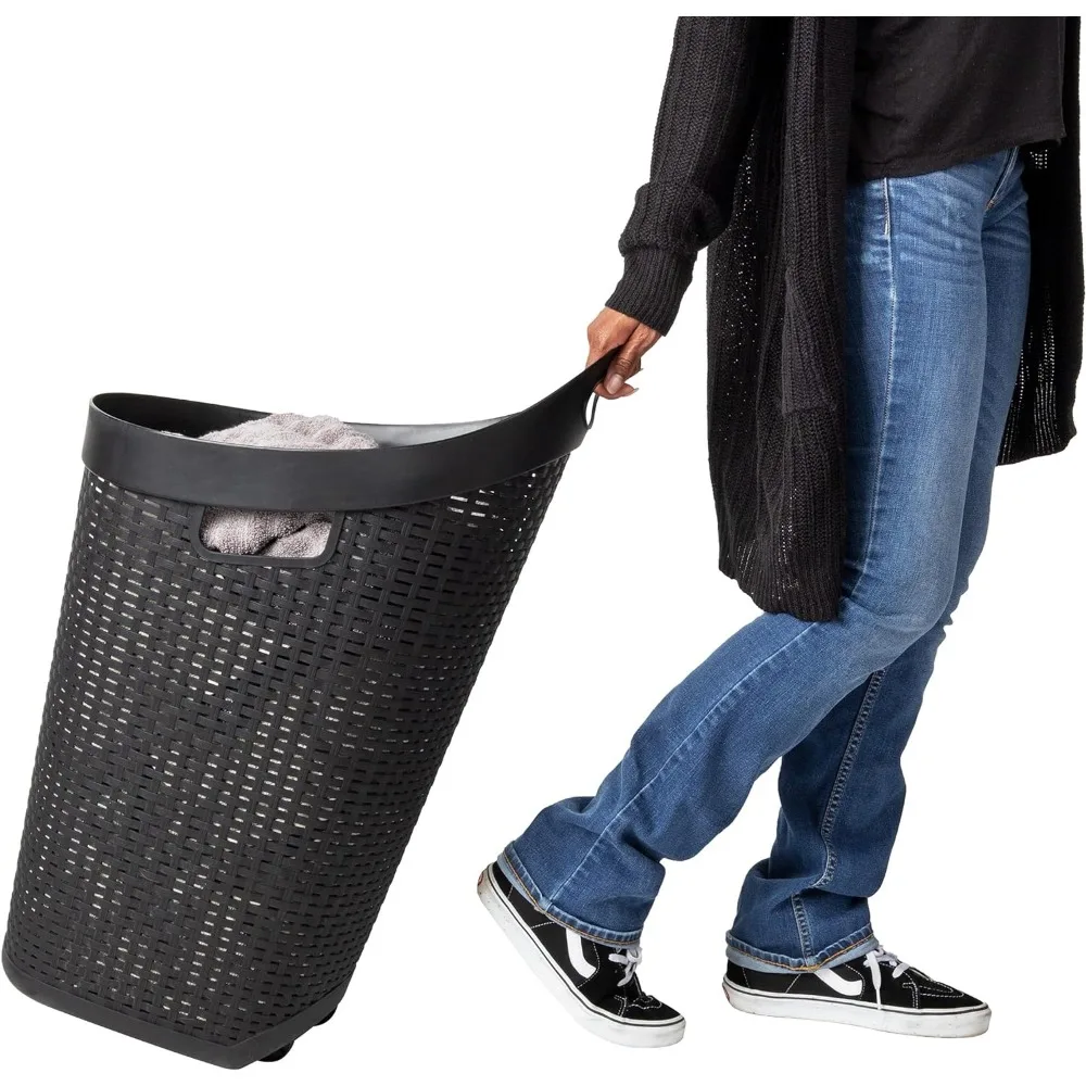 

Mind Reader 60L Rolling Laundry Hamper, Clothes Basket, Wheels, Wicker Style, Plastic, 19.5"L x 14.75"W x 29.25"H, Black