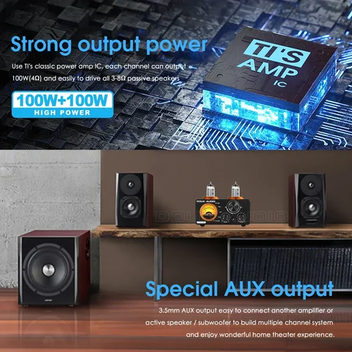 Douk Audio-HiFi 블루투스 5.0 진공관 앰프, USB DAC 스테레오 수신기, 동축/OPT 홈 오디오 디지털 앰프, VU 미터 포함 100w + 100W 4