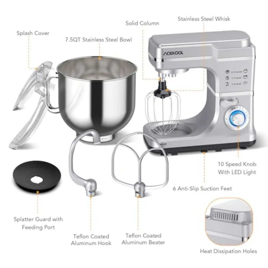 7.5QT Tilt-Head Stand Mixer – 10-Speed Electric Kitchen Mixer with Stainless Steel Bow 6