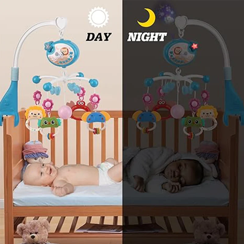 Musical Baby Crib Mobile Lights Remote Control Music Box Rotating Animals Rattles  Ceiling Star Projection Nursery Toys Infants 3
