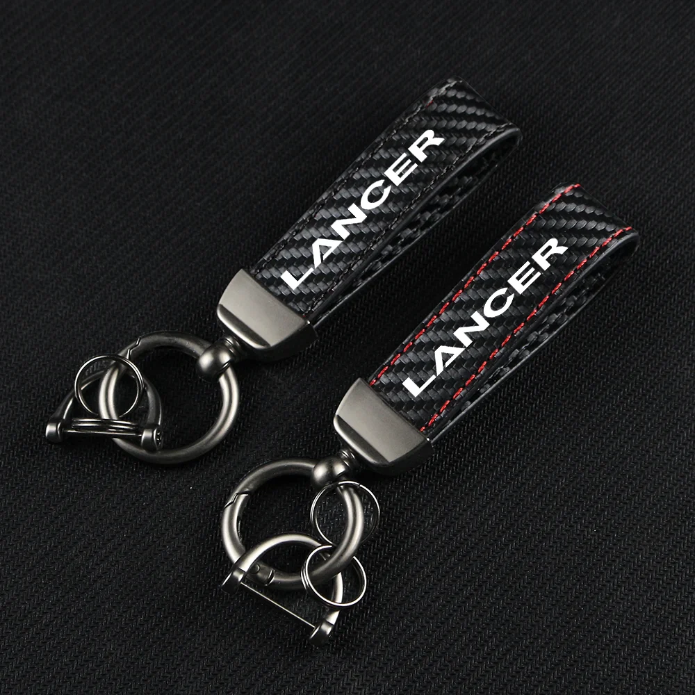 Carbon Fiber Leather Rope Car Keychain Alloy Key Chain Pendant Keyring Horseshoe Buckle for LANCER OUTLANDER PAJERO Accessories