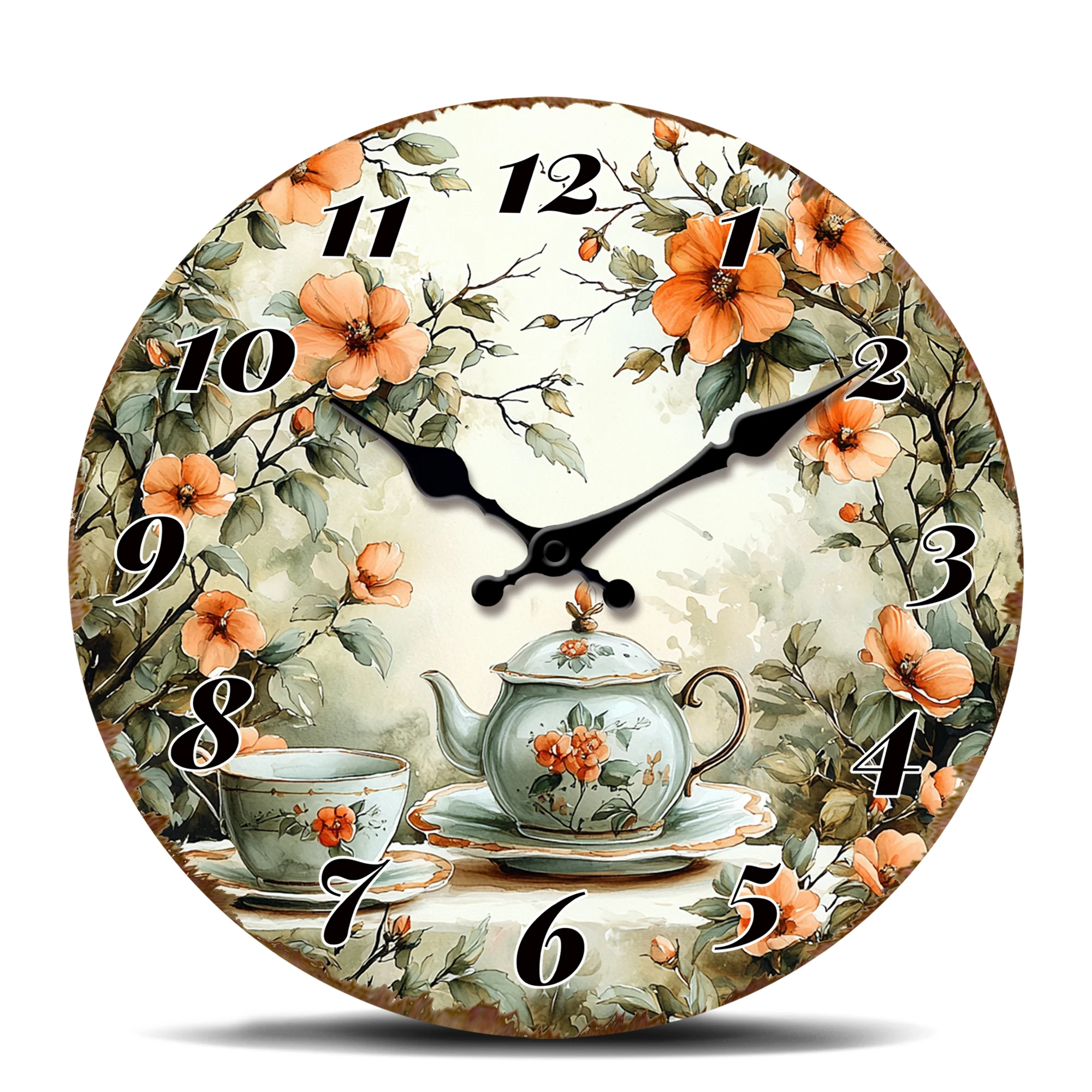 שעון קיר עגול עם פרחי כתום, שעון קוורץ שקט דקורטיבי עם זמן תה פרחוני למטבח ולחדר אוכל