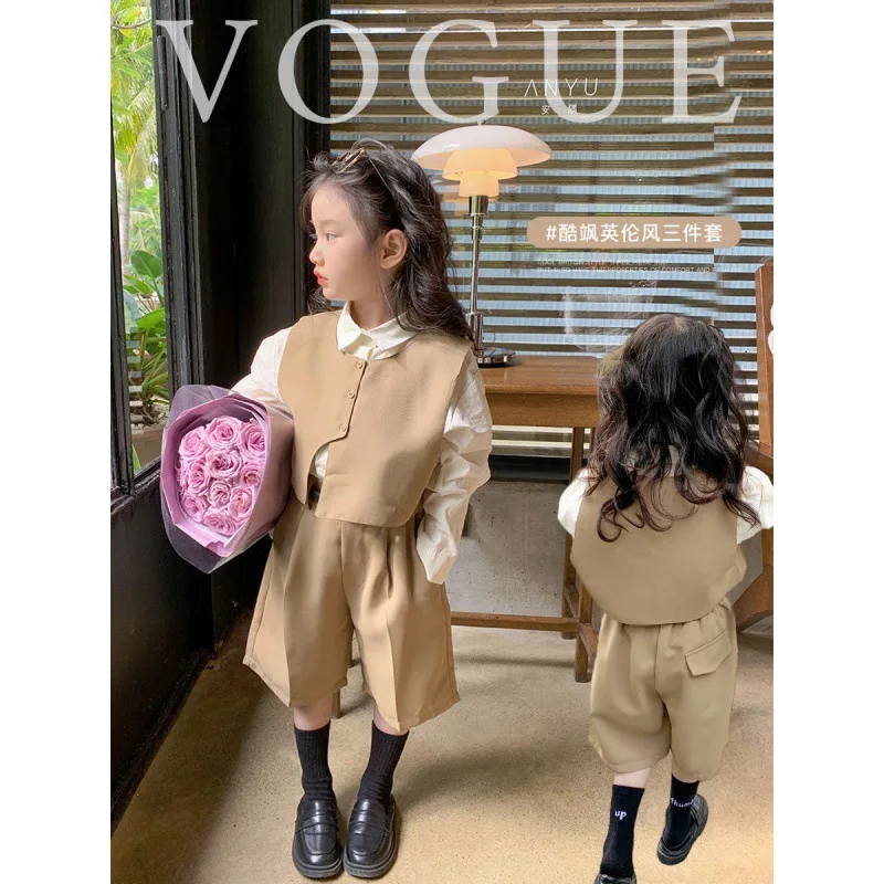 

Children'S Elegant Three-Piece Suit Spring And Autumn New Shirt Baby Girl'S Western Vest Trendy Style All-Match Shorts Sui