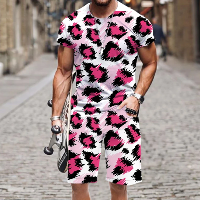 

Men's Sports Suit T-shirt + Shorts Workout Clothes 2-piece Set Animal leopard series 3D Solid Color Printing Short-sleeved Tops