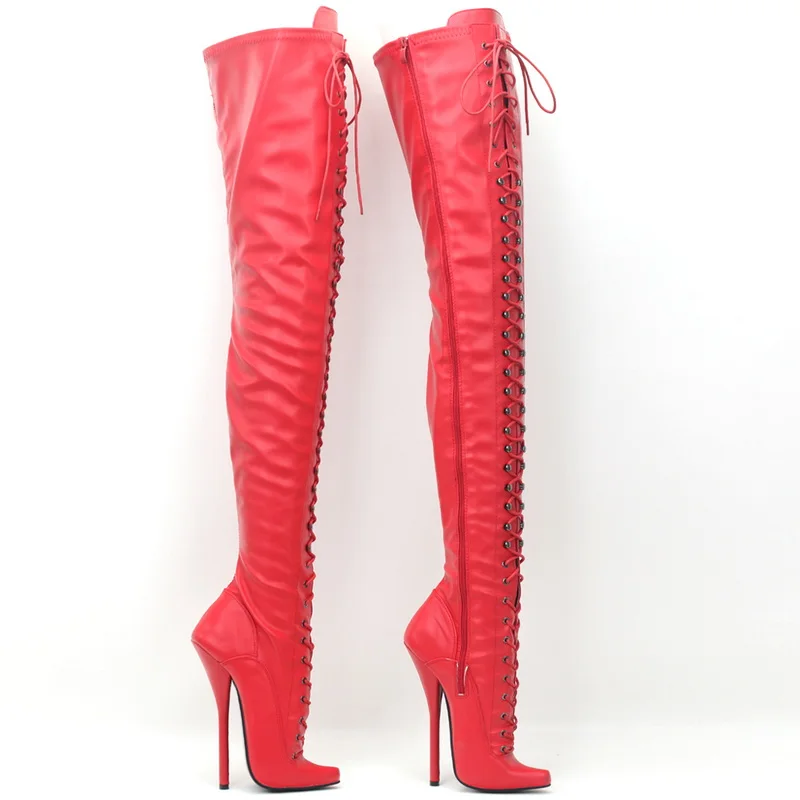 

FHC 18CM High Heels Women Thigh Boots,Fetish Stage Queen Dance Shoes,Crotch Botas,Front Laces,Size 36-46,Red,Customized Colors