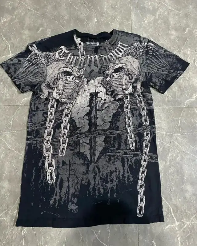 European and American men's summer Gothic angel wing skull print soft and breathable round neck T-shirt outdoor street top - Image 8