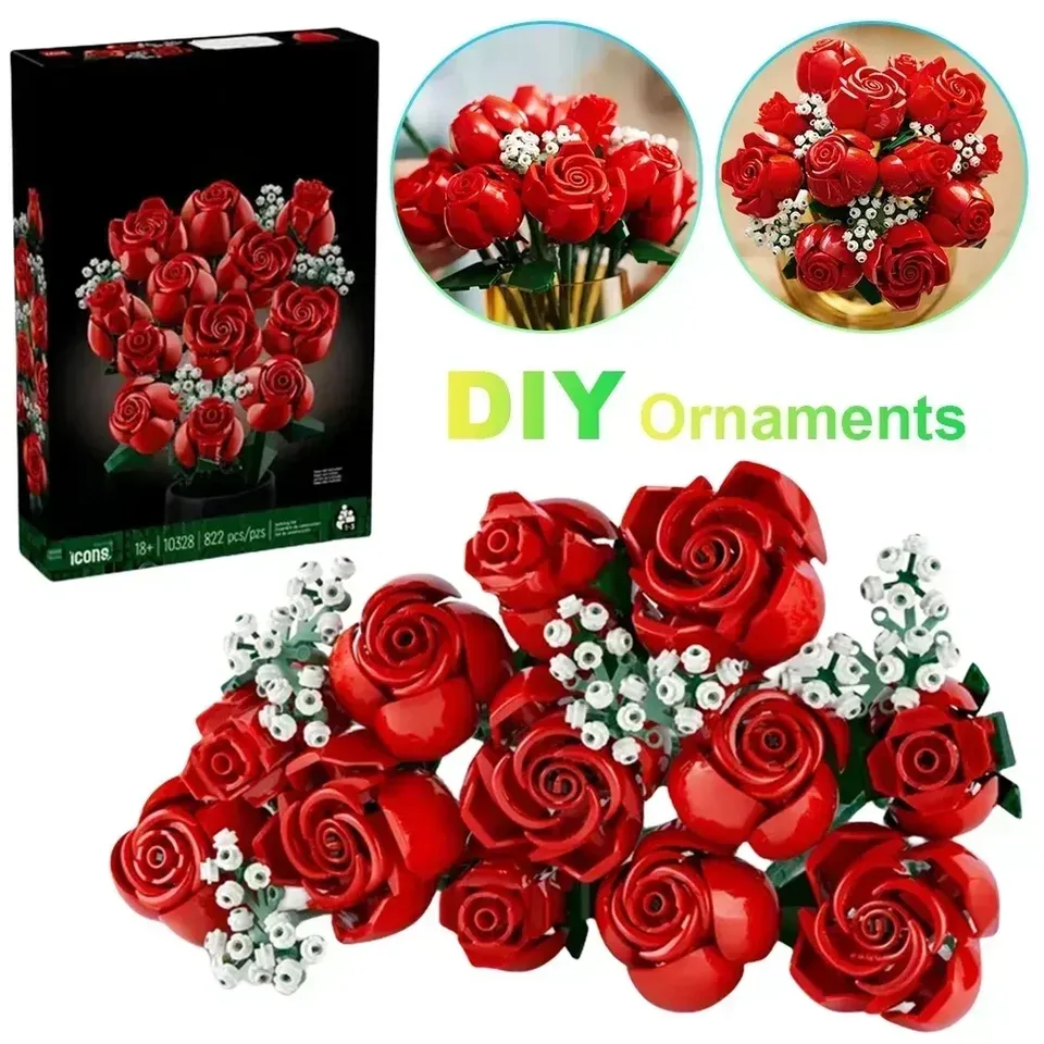 Romantic Rose Flower Bouquet Building Blocks Creative Home Desk Plant Decoration Assemble Bricks Toys For Gifts Girls Lady