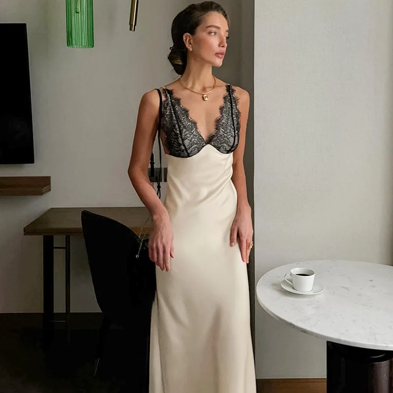 فستان تيكتكس مثير بتصميم دانتيل مطرز، فستان طويل أ...