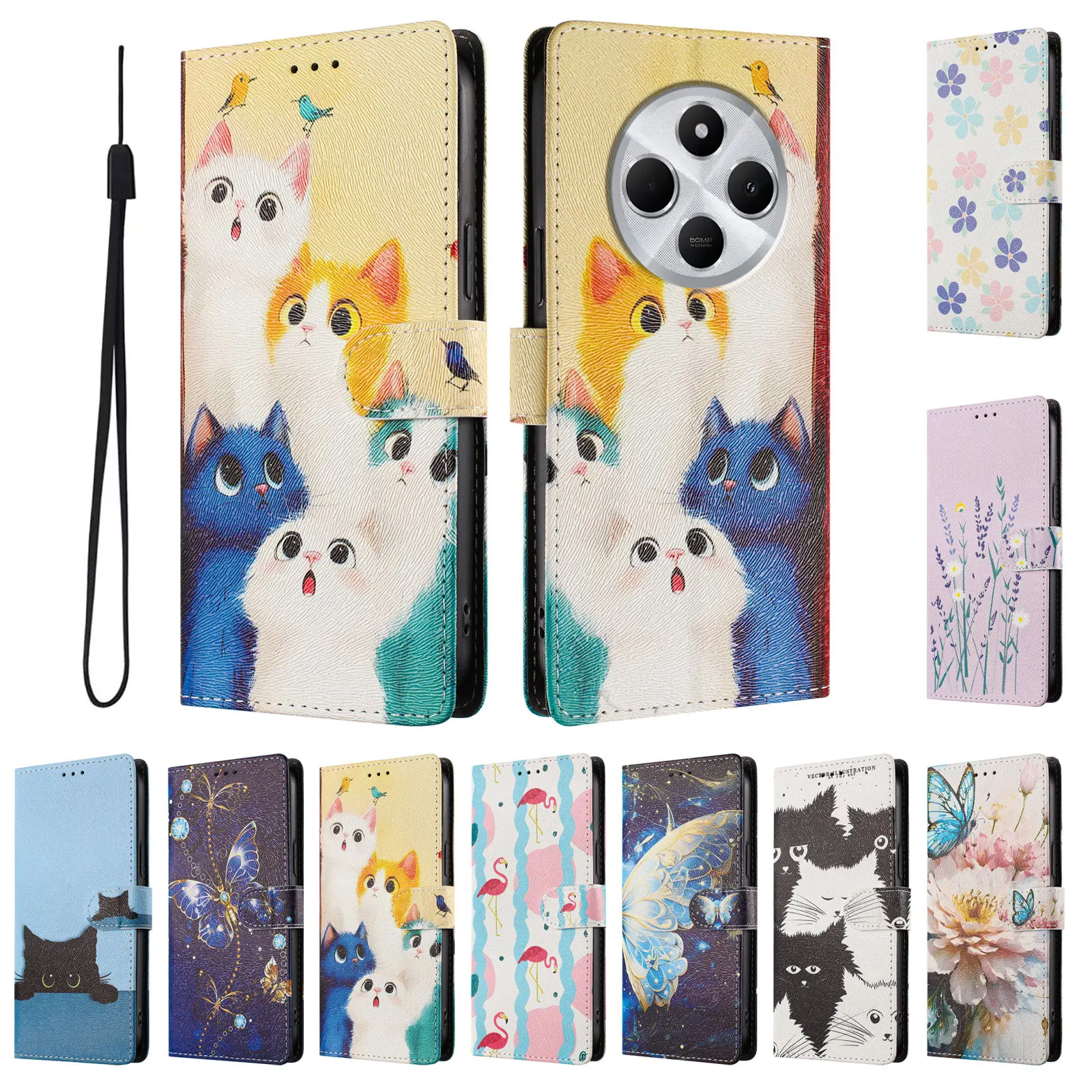 Leather Flip Phone Case with Cat and Butterfly Design - Wallet Card Holder Cover