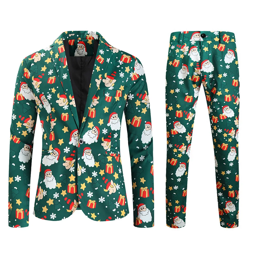 thumbnail image 1 of Traje de negocios informal navideño para hombre, 2 piezas, chaqueta de un botón, pantalones, feo y divertido conjunto con estampado de muñeco de nieve y alce navideño para hombre, 1 of 5