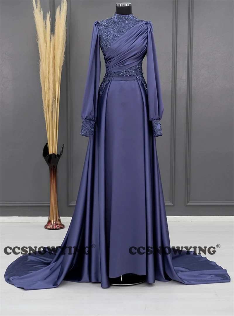 

Satin Appliques Long Sleeve Muslim Evening Dress with Detachable Train High Neck Prom Formal Party Gown Arabic Dubai Kaftan