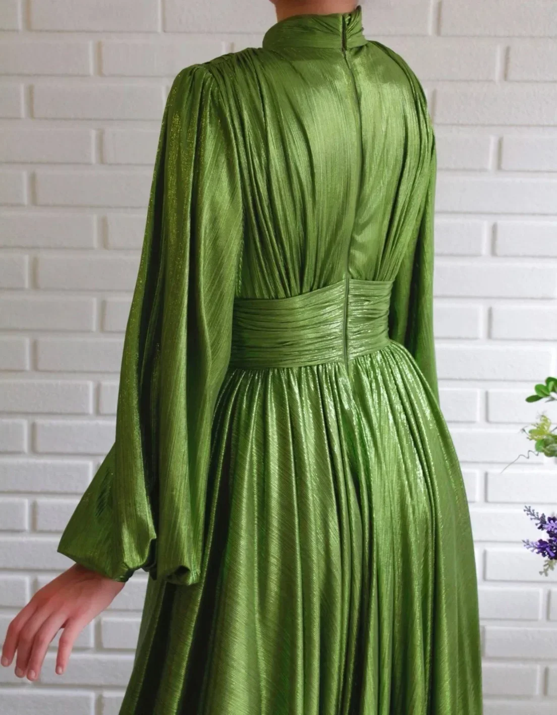 Elegant Prom Dresses For Women A-line Solid Fashion Waist High Neck Swing Long Sleeve Vestidos Evening Party Maxi Dress Female