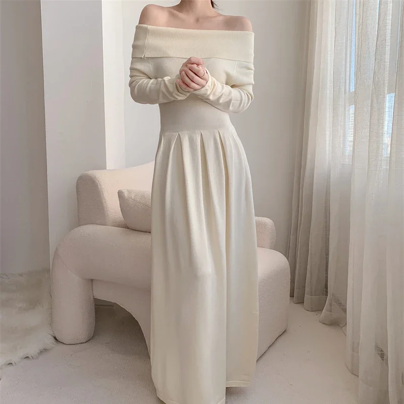 

Deeptown Korean Style Midi Knitted One-piece Dress Women French Vintage Elegant Folds Slash Neck Long Sleeve Beige Tunic Dresses