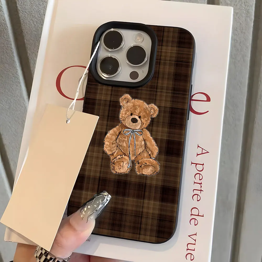 Retro Plaid Cute Bear Pattern Lychee Soft Phone Case Cover
