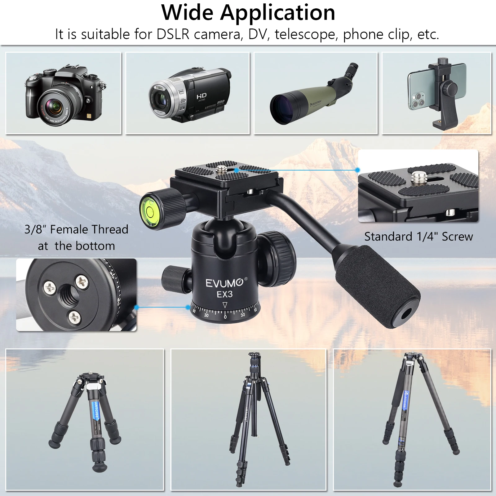 Tripod Ball Head with Handle All Metal CNC Panoramic with Q.R Plate for Tripod DSLR Camcorder Telescope Load 10kg