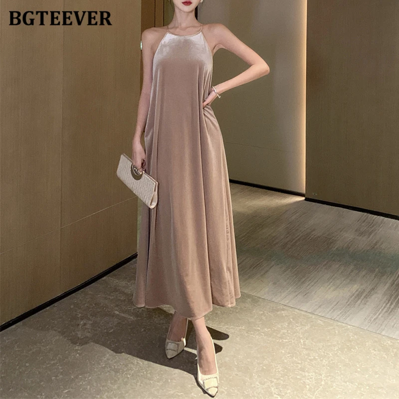 

BGTEEVER Spring Summer Vintage Loose Female Sleeveless Velvet Dress Elegant Women Halter Split Mid-Length Dress Ladies Vestidos