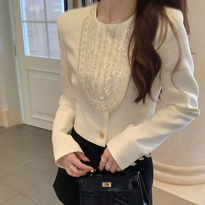 

High Street 2024 New Arrival Luxury Fall Winter Womens O-neck Full Sleeve Sequins Beading Button Bawics Short Jacket