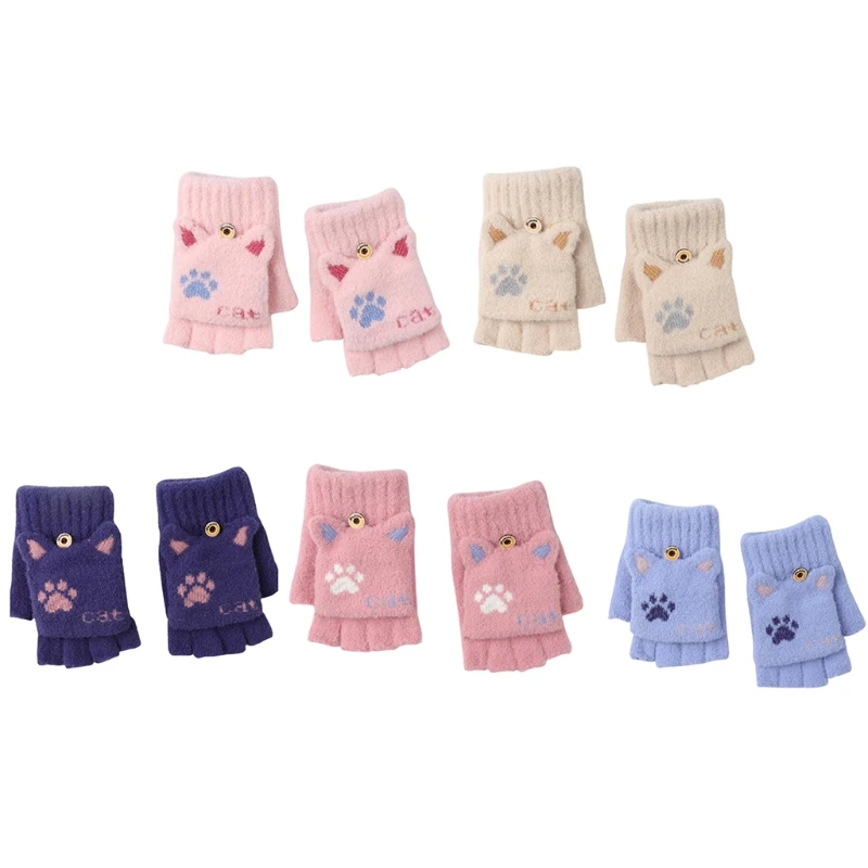 

Plush Warm Gloves Winter Knitted Gloves Soft Cartoon Kitten Fingerless Gloves with Glove Stretchy Mitten